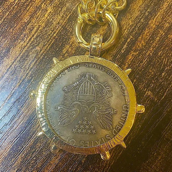 Gold Walking Liberty Coin Statement Necklace Large Chunky 1900 Liberty Coin - Picture 4 of 5